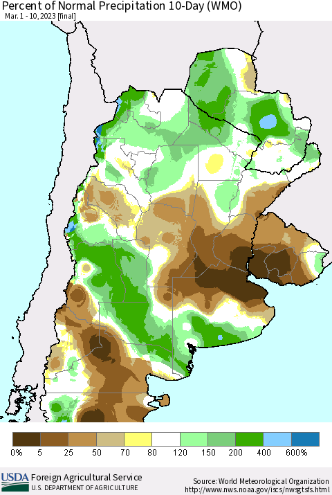 Southern South America Percent of Normal Precipitation 10-Day (WMO) Thematic Map For 3/1/2023 - 3/10/2023