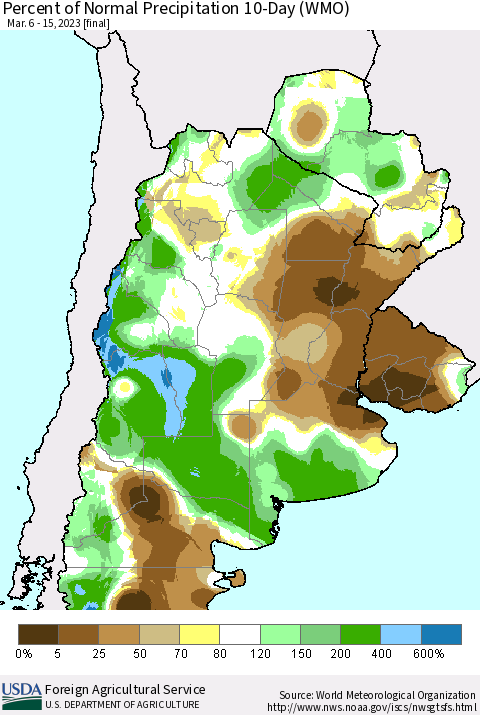 Southern South America Percent of Normal Precipitation 10-Day (WMO) Thematic Map For 3/6/2023 - 3/15/2023