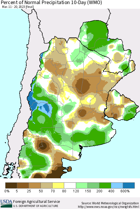 Southern South America Percent of Normal Precipitation 10-Day (WMO) Thematic Map For 3/11/2023 - 3/20/2023