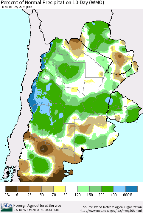 Southern South America Percent of Normal Precipitation 10-Day (WMO) Thematic Map For 3/16/2023 - 3/25/2023