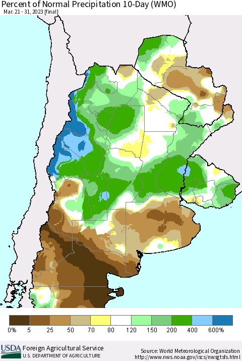 Southern South America Percent of Normal Precipitation 10-Day (WMO) Thematic Map For 3/21/2023 - 3/31/2023