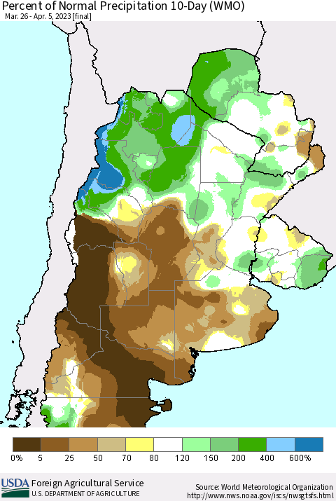Southern South America Percent of Normal Precipitation 10-Day (WMO) Thematic Map For 3/26/2023 - 4/5/2023