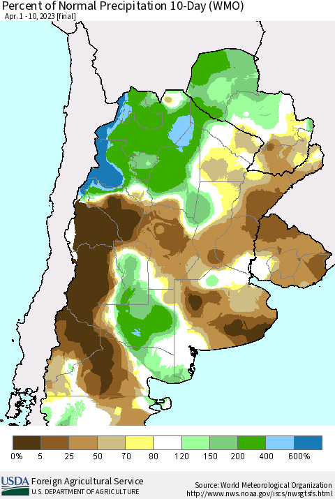 Southern South America Percent of Normal Precipitation 10-Day (WMO) Thematic Map For 4/1/2023 - 4/10/2023
