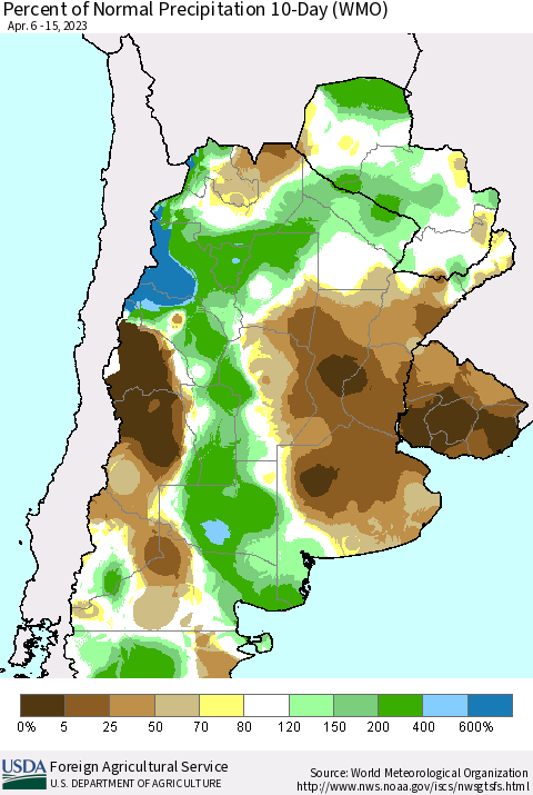 Southern South America Percent of Normal Precipitation 10-Day (WMO) Thematic Map For 4/6/2023 - 4/15/2023