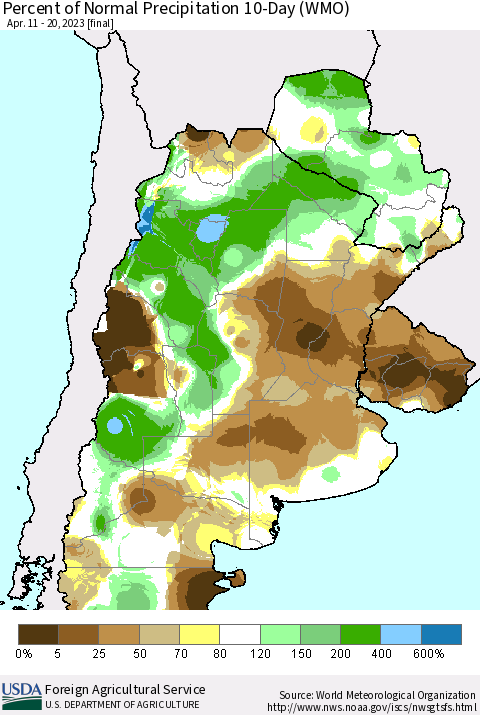 Southern South America Percent of Normal Precipitation 10-Day (WMO) Thematic Map For 4/11/2023 - 4/20/2023