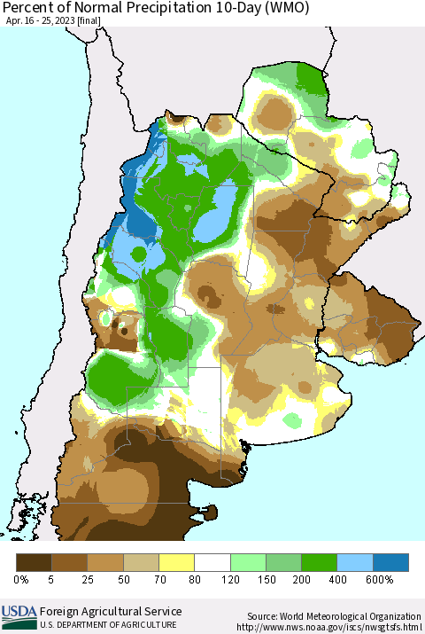 Southern South America Percent of Normal Precipitation 10-Day (WMO) Thematic Map For 4/16/2023 - 4/25/2023