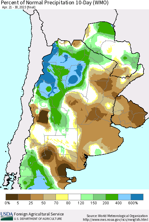 Southern South America Percent of Normal Precipitation 10-Day (WMO) Thematic Map For 4/21/2023 - 4/30/2023