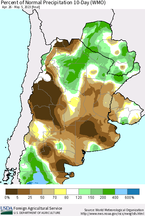 Southern South America Percent of Normal Precipitation 10-Day (WMO) Thematic Map For 4/26/2023 - 5/5/2023