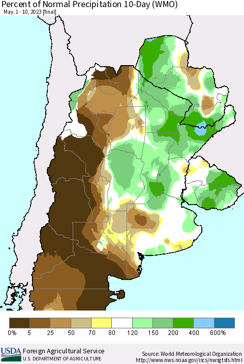 Southern South America Percent of Normal Precipitation 10-Day (WMO) Thematic Map For 5/1/2023 - 5/10/2023