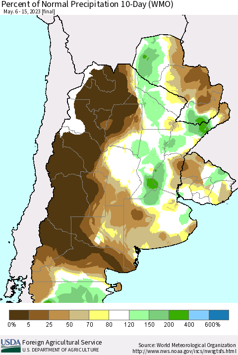 Southern South America Percent of Normal Precipitation 10-Day (WMO) Thematic Map For 5/6/2023 - 5/15/2023