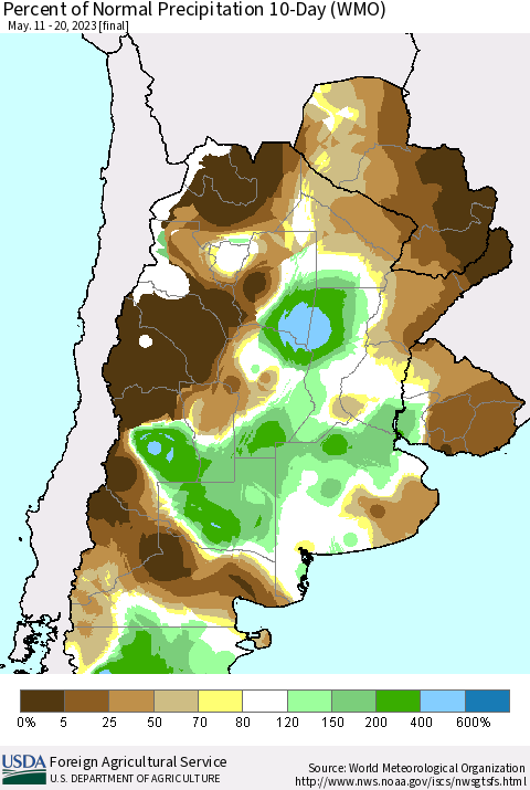 Southern South America Percent of Normal Precipitation 10-Day (WMO) Thematic Map For 5/11/2023 - 5/20/2023