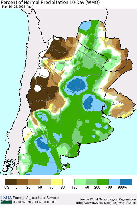 Southern South America Percent of Normal Precipitation 10-Day (WMO) Thematic Map For 5/16/2023 - 5/25/2023