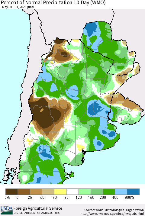 Southern South America Percent of Normal Precipitation 10-Day (WMO) Thematic Map For 5/21/2023 - 5/31/2023
