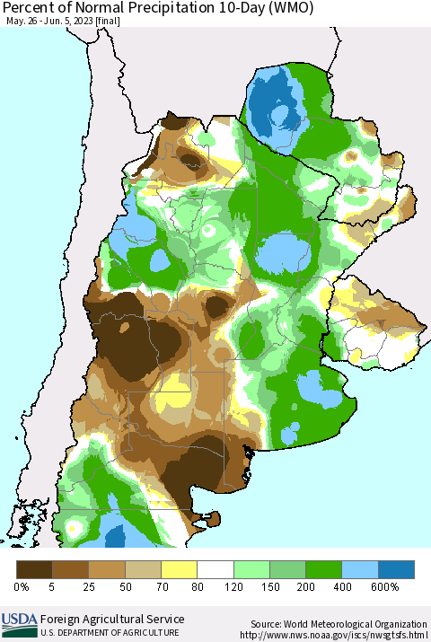 Southern South America Percent of Normal Precipitation 10-Day (WMO) Thematic Map For 5/26/2023 - 6/5/2023