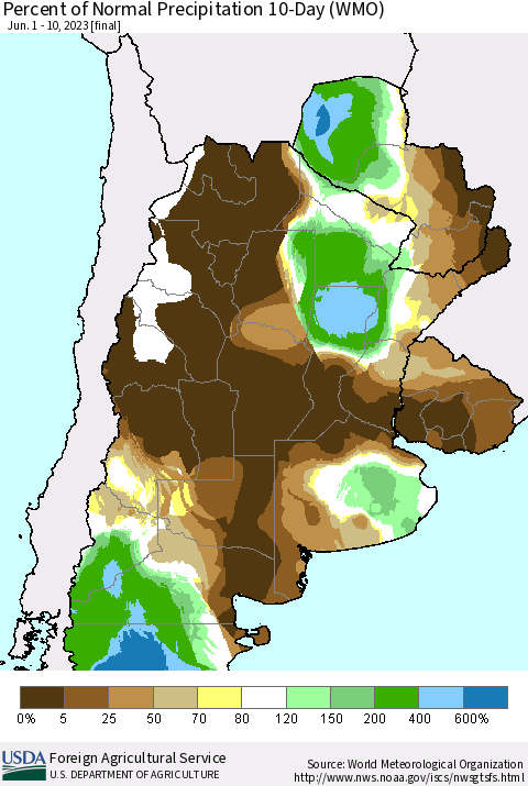 Southern South America Percent of Normal Precipitation 10-Day (WMO) Thematic Map For 6/1/2023 - 6/10/2023