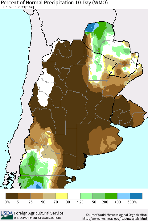 Southern South America Percent of Normal Precipitation 10-Day (WMO) Thematic Map For 6/6/2023 - 6/15/2023