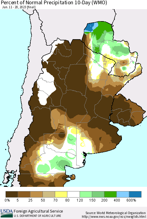 Southern South America Percent of Normal Precipitation 10-Day (WMO) Thematic Map For 6/11/2023 - 6/20/2023
