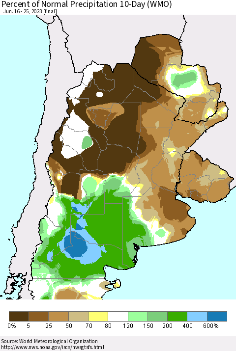 Southern South America Percent of Normal Precipitation 10-Day (WMO) Thematic Map For 6/16/2023 - 6/25/2023