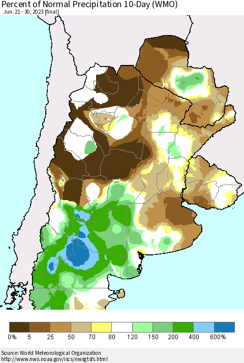 Southern South America Percent of Normal Precipitation 10-Day (WMO) Thematic Map For 6/21/2023 - 6/30/2023