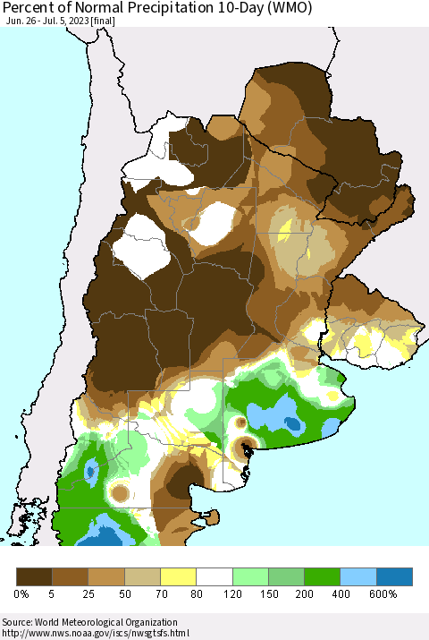 Southern South America Percent of Normal Precipitation 10-Day (WMO) Thematic Map For 6/26/2023 - 7/5/2023