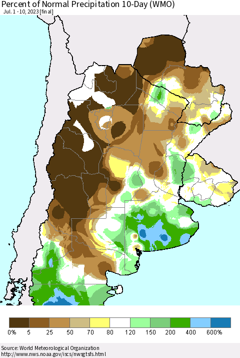 Southern South America Percent of Normal Precipitation 10-Day (WMO) Thematic Map For 7/1/2023 - 7/10/2023