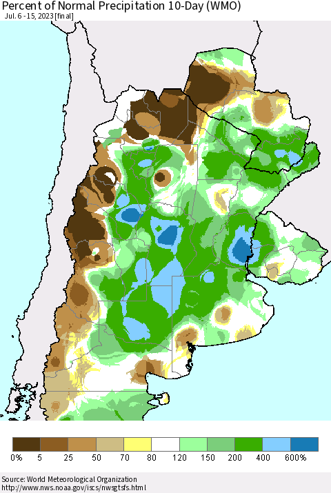 Southern South America Percent of Normal Precipitation 10-Day (WMO) Thematic Map For 7/6/2023 - 7/15/2023
