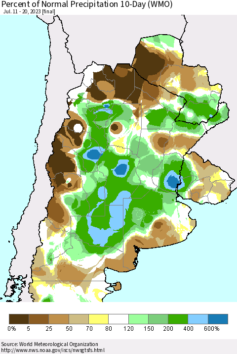 Southern South America Percent of Normal Precipitation 10-Day (WMO) Thematic Map For 7/11/2023 - 7/20/2023