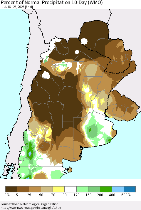 Southern South America Percent of Normal Precipitation 10-Day (WMO) Thematic Map For 7/16/2023 - 7/25/2023