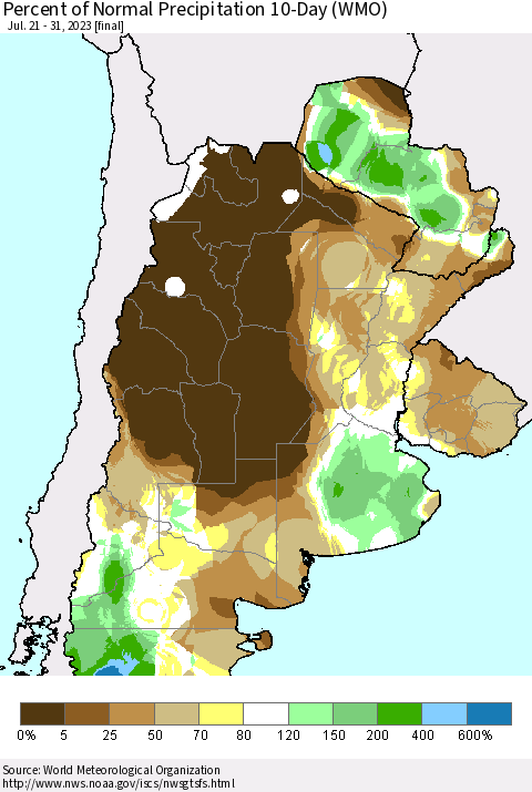 Southern South America Percent of Normal Precipitation 10-Day (WMO) Thematic Map For 7/21/2023 - 7/31/2023