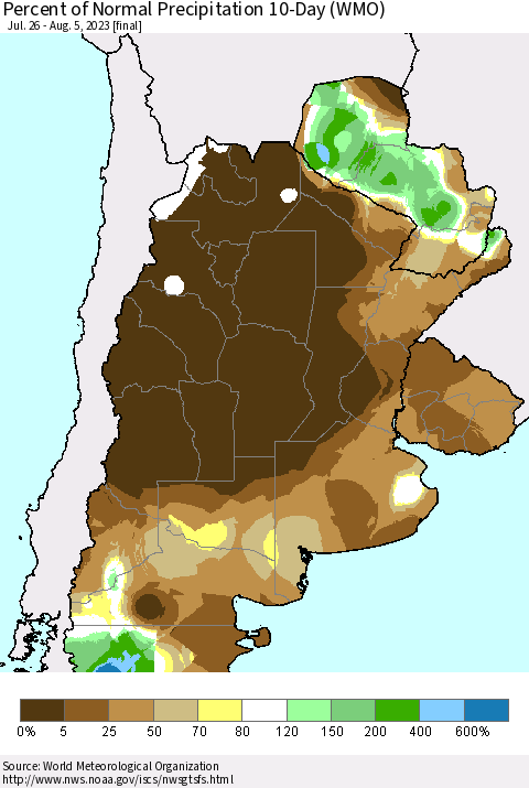 Southern South America Percent of Normal Precipitation 10-Day (WMO) Thematic Map For 7/26/2023 - 8/5/2023