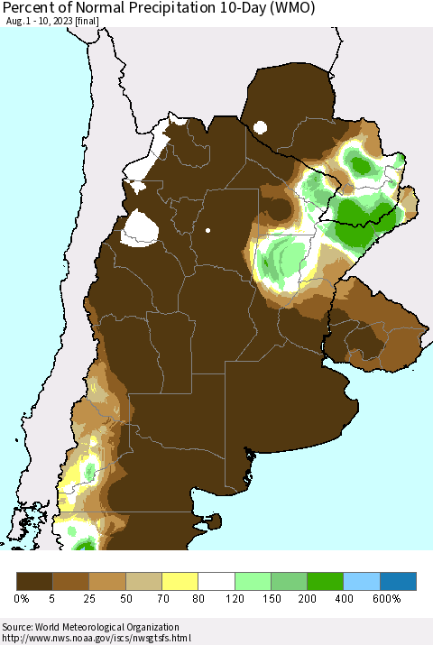 Southern South America Percent of Normal Precipitation 10-Day (WMO) Thematic Map For 8/1/2023 - 8/10/2023