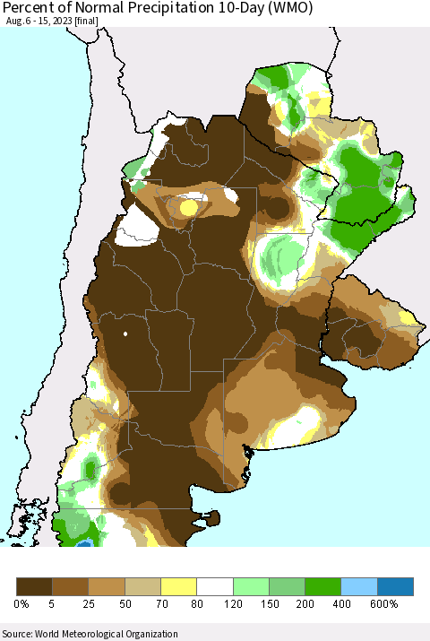 Southern South America Percent of Normal Precipitation 10-Day (WMO) Thematic Map For 8/6/2023 - 8/15/2023