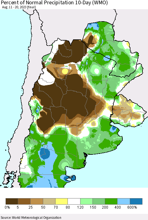 Southern South America Percent of Normal Precipitation 10-Day (WMO) Thematic Map For 8/11/2023 - 8/20/2023