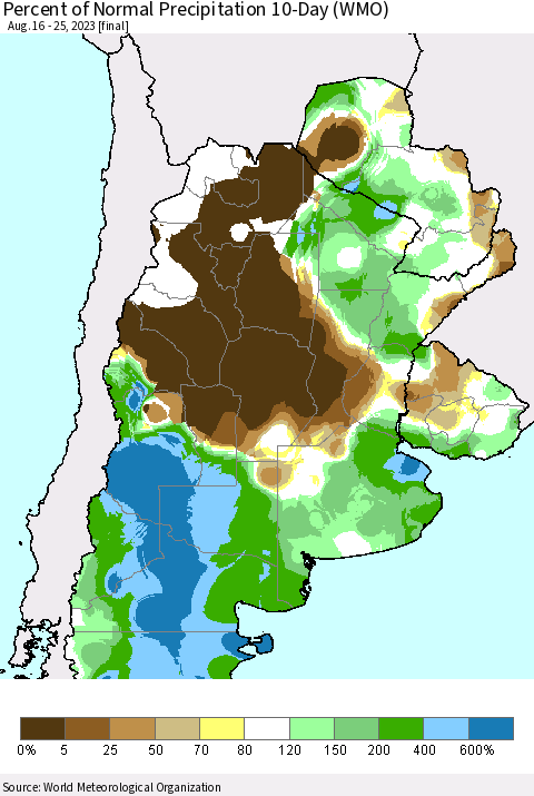 Southern South America Percent of Normal Precipitation 10-Day (WMO) Thematic Map For 8/16/2023 - 8/25/2023