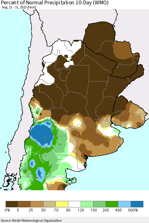 Southern South America Percent of Normal Precipitation 10-Day (WMO) Thematic Map For 8/21/2023 - 8/31/2023