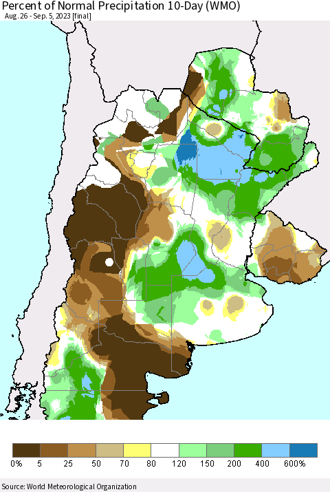 Southern South America Percent of Normal Precipitation 10-Day (WMO) Thematic Map For 8/26/2023 - 9/5/2023