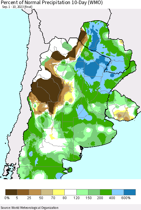 Southern South America Percent of Normal Precipitation 10-Day (WMO) Thematic Map For 9/1/2023 - 9/10/2023
