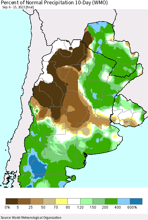 Southern South America Percent of Normal Precipitation 10-Day (WMO) Thematic Map For 9/6/2023 - 9/15/2023
