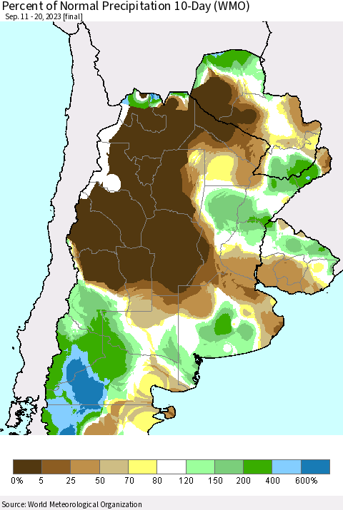 Southern South America Percent of Normal Precipitation 10-Day (WMO) Thematic Map For 9/11/2023 - 9/20/2023