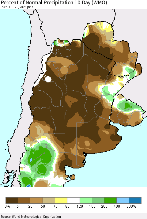 Southern South America Percent of Normal Precipitation 10-Day (WMO) Thematic Map For 9/16/2023 - 9/25/2023
