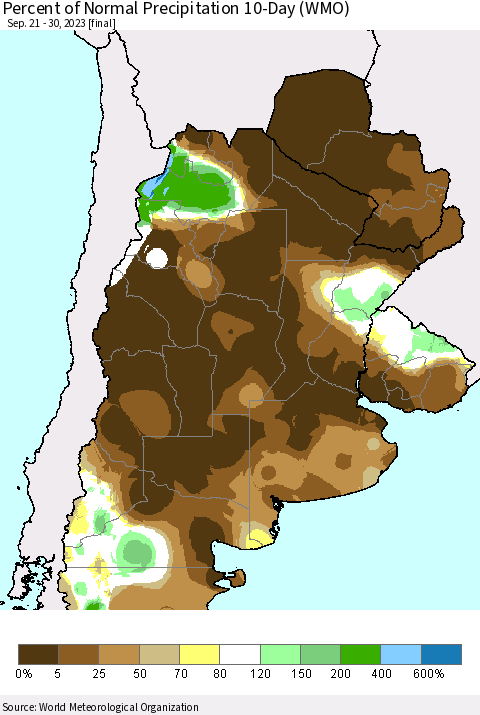 Southern South America Percent of Normal Precipitation 10-Day (WMO) Thematic Map For 9/21/2023 - 9/30/2023