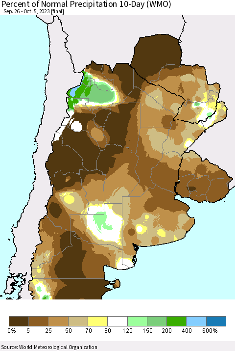Southern South America Percent of Normal Precipitation 10-Day (WMO) Thematic Map For 9/26/2023 - 10/5/2023