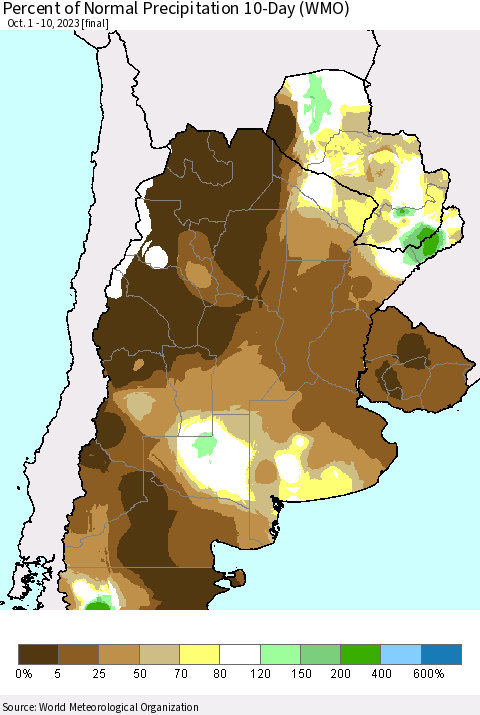 Southern South America Percent of Normal Precipitation 10-Day (WMO) Thematic Map For 10/1/2023 - 10/10/2023
