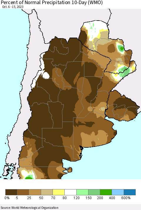 Southern South America Percent of Normal Precipitation 10-Day (WMO) Thematic Map For 10/6/2023 - 10/15/2023