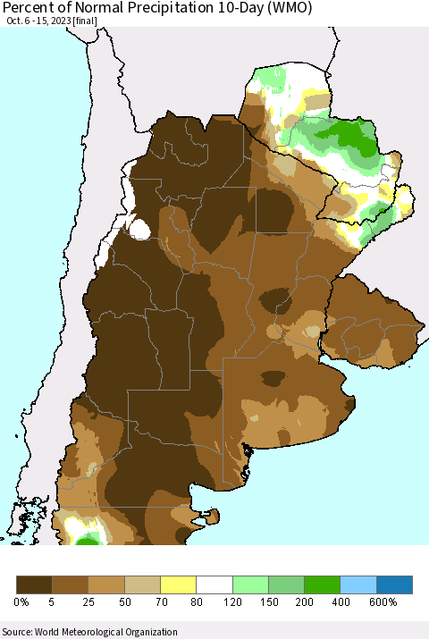 Southern South America Percent of Normal Precipitation 10-Day (WMO) Thematic Map For 10/6/2023 - 10/15/2023