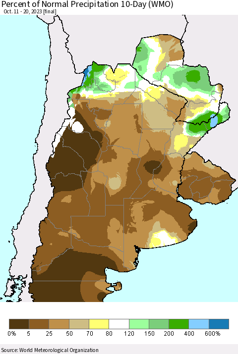 Southern South America Percent of Normal Precipitation 10-Day (WMO) Thematic Map For 10/11/2023 - 10/20/2023