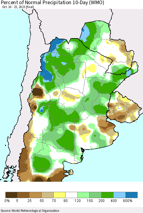 Southern South America Percent of Normal Precipitation 10-Day (WMO) Thematic Map For 10/16/2023 - 10/25/2023