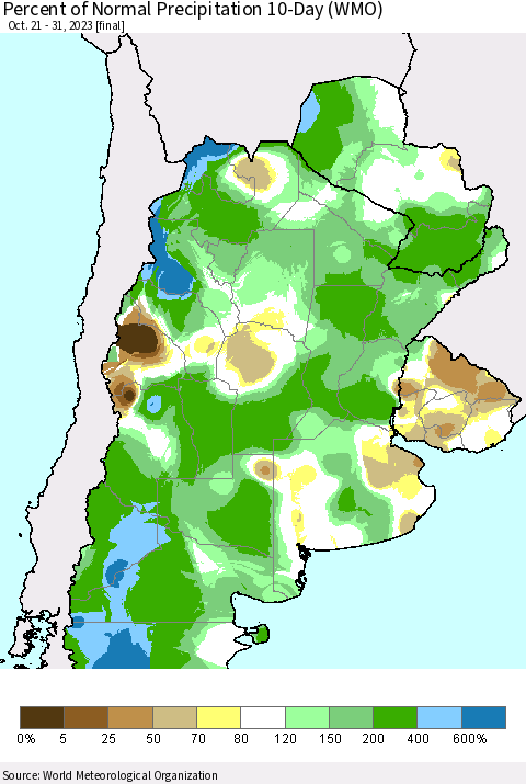 Southern South America Percent of Normal Precipitation 10-Day (WMO) Thematic Map For 10/21/2023 - 10/31/2023