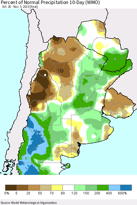Southern South America Percent of Normal Precipitation 10-Day (WMO) Thematic Map For 10/26/2023 - 11/5/2023