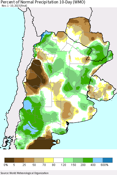 Southern South America Percent of Normal Precipitation 10-Day (WMO) Thematic Map For 11/1/2023 - 11/10/2023